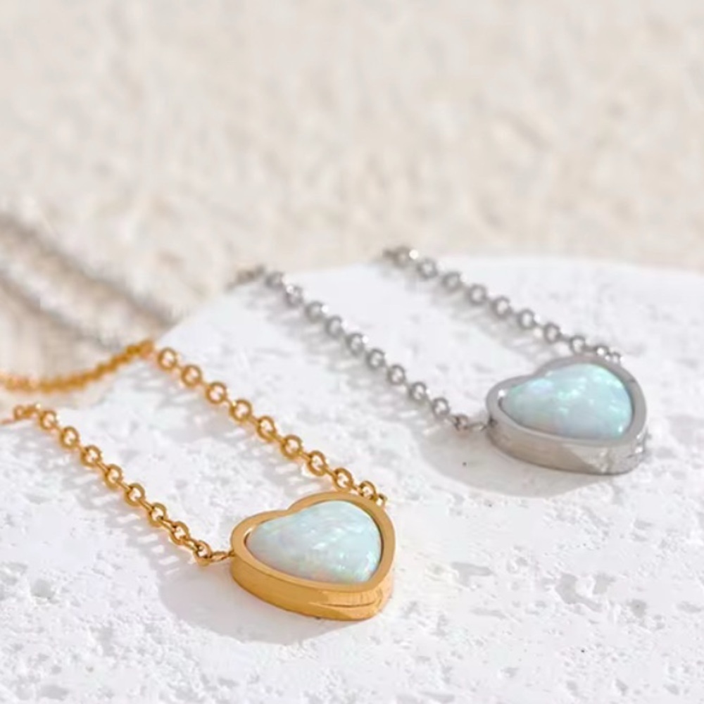 18K White Gold White Fire Opal Heart Natural Gemstone Minimalist Necklace Dainty - Picture 3 of 6